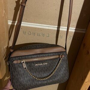 Michael Kors Brown and Tan Logo Crossbody Bag with Gold Chain